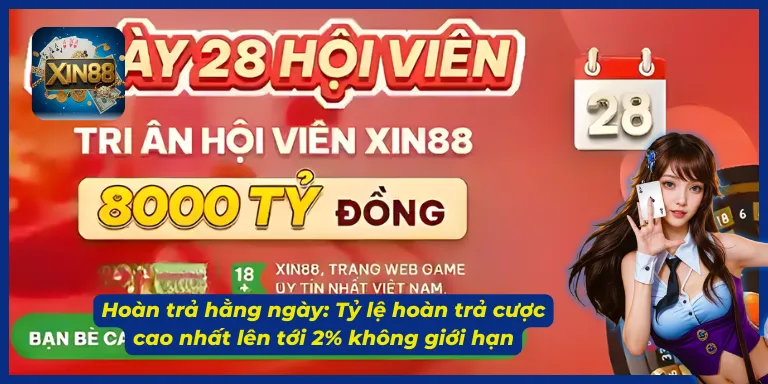 Chương trình khuyến mãi XIN88 lên đến 2% mỗi ngày, áp dụng cho mọi sảnh cược.